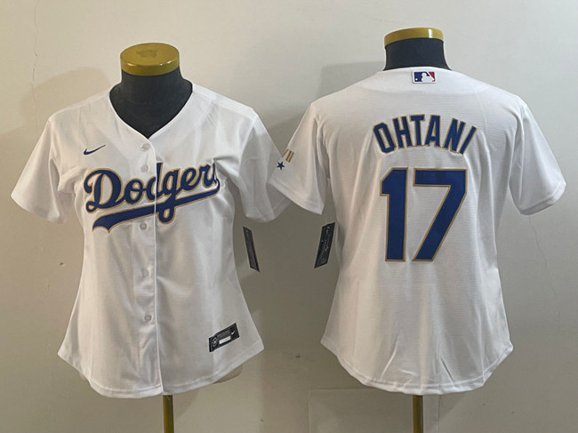 Women's Los Angeles Dodgers #17 Shohei Ohtani White/Gold Stitched Jersey(Run Small) Women's Los Angeles Dodgers #17 Shohei Ohtani White/Gold Stitched Jersey(Run Small)